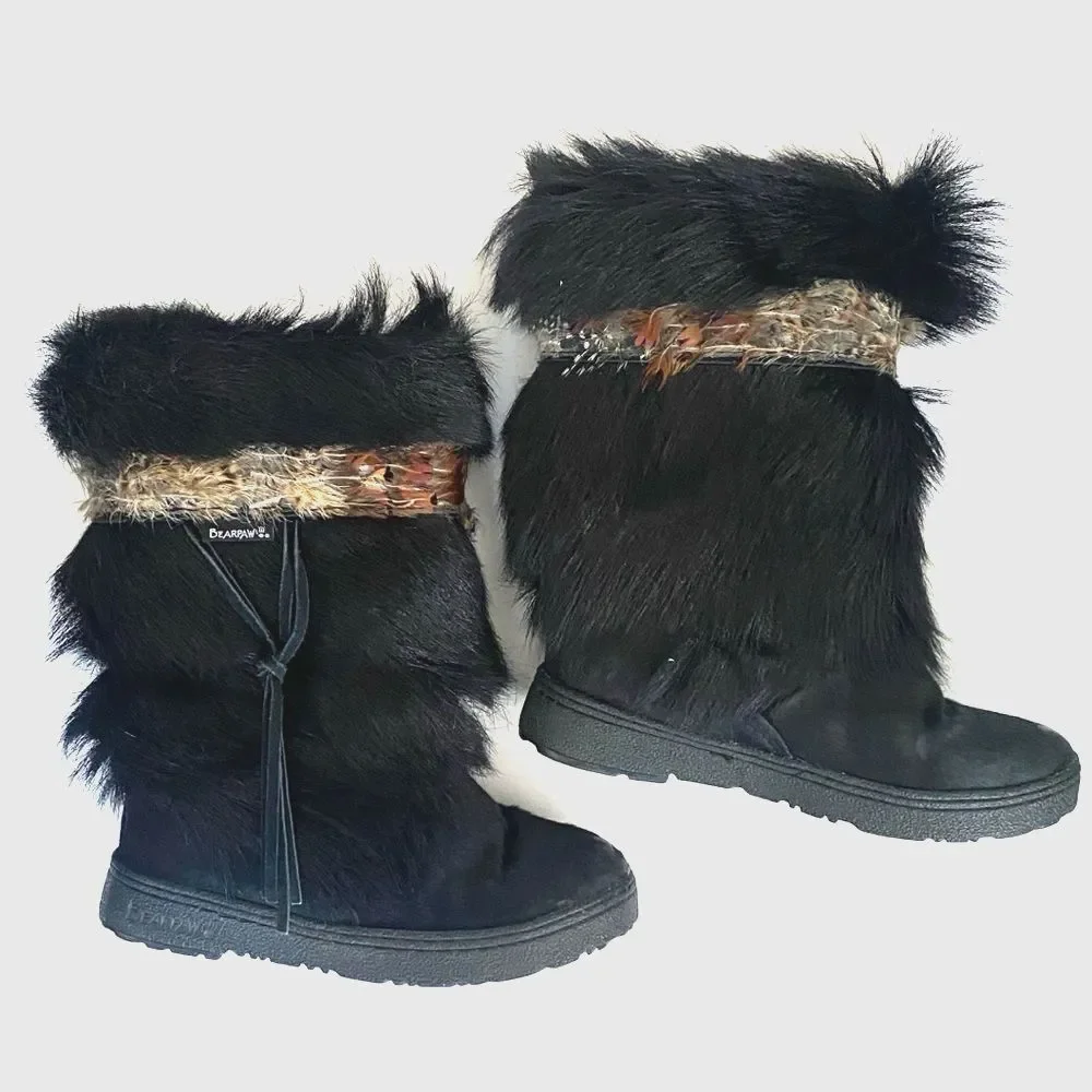 BearPaw Black Cow Hair Goat Fur Winter Boots Sz 7 Brown Bird Feathers & Fringe